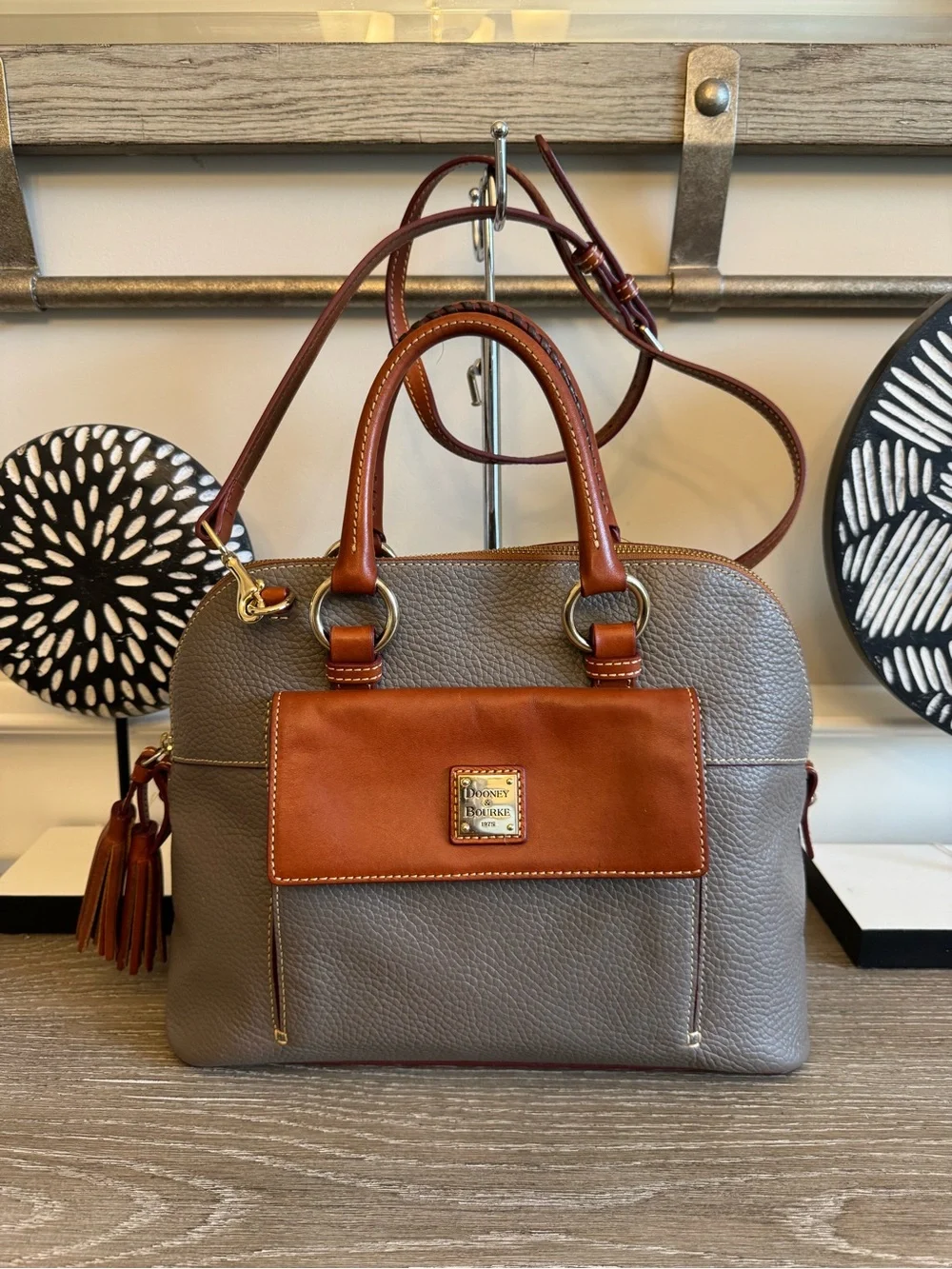 Dooney & Bourke Aubrey Satchel Gray and Brown Leather Satchel with Tassel